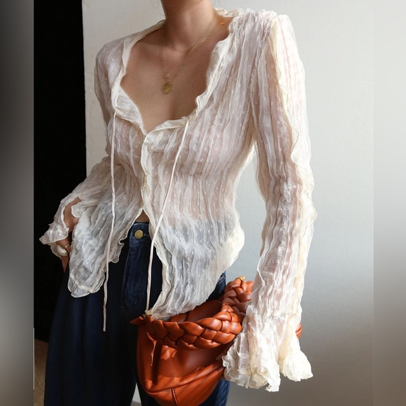 Commense Tops - Chiffon Sheer Lettuce Trim Long Sleeve Blouse